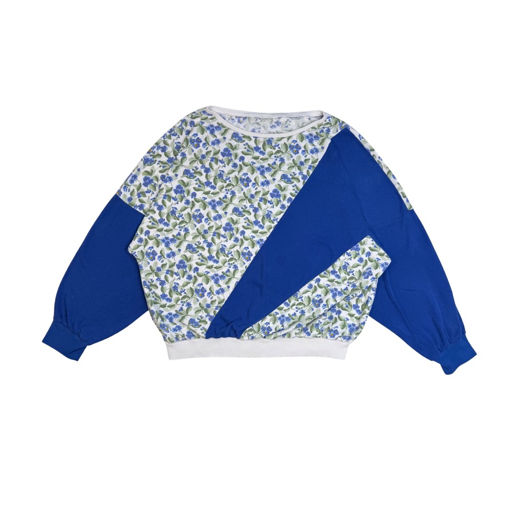 Handmade Slouchy Sweatshirt Floral Colorblock Blue White Grandmacore Retro L